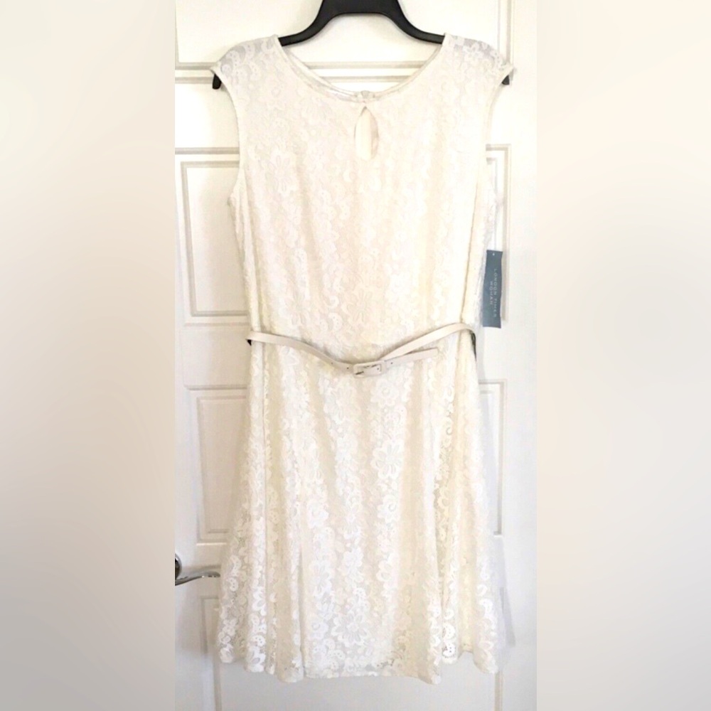 London Times Woman’s Size 14W White Sleeveless Lace Belted Fit & Flare Dress NWT